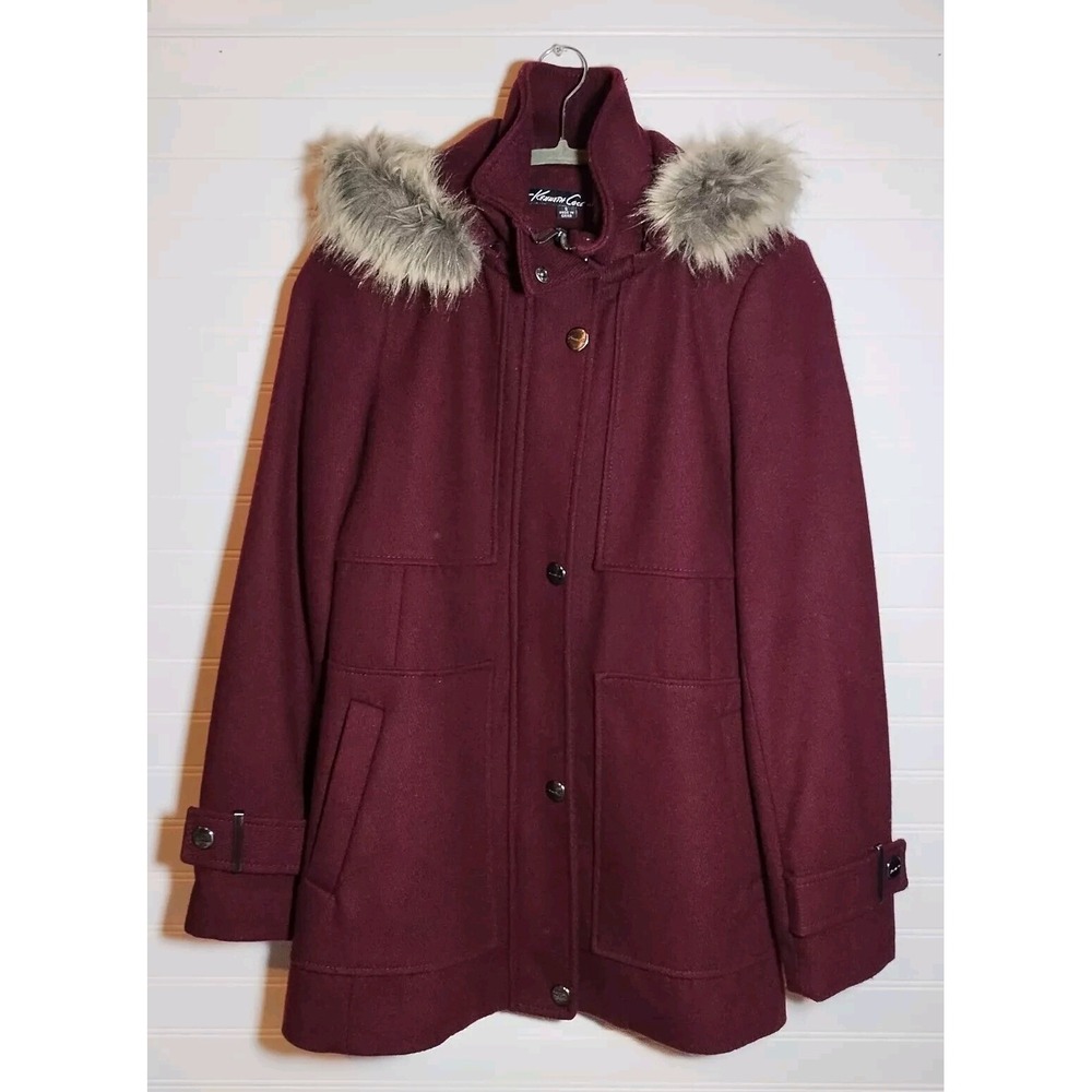 Kenneth Cole Women's Sm Wool Duffle Coat Removable Fur Trimmed Hood‎ Maroon Warm